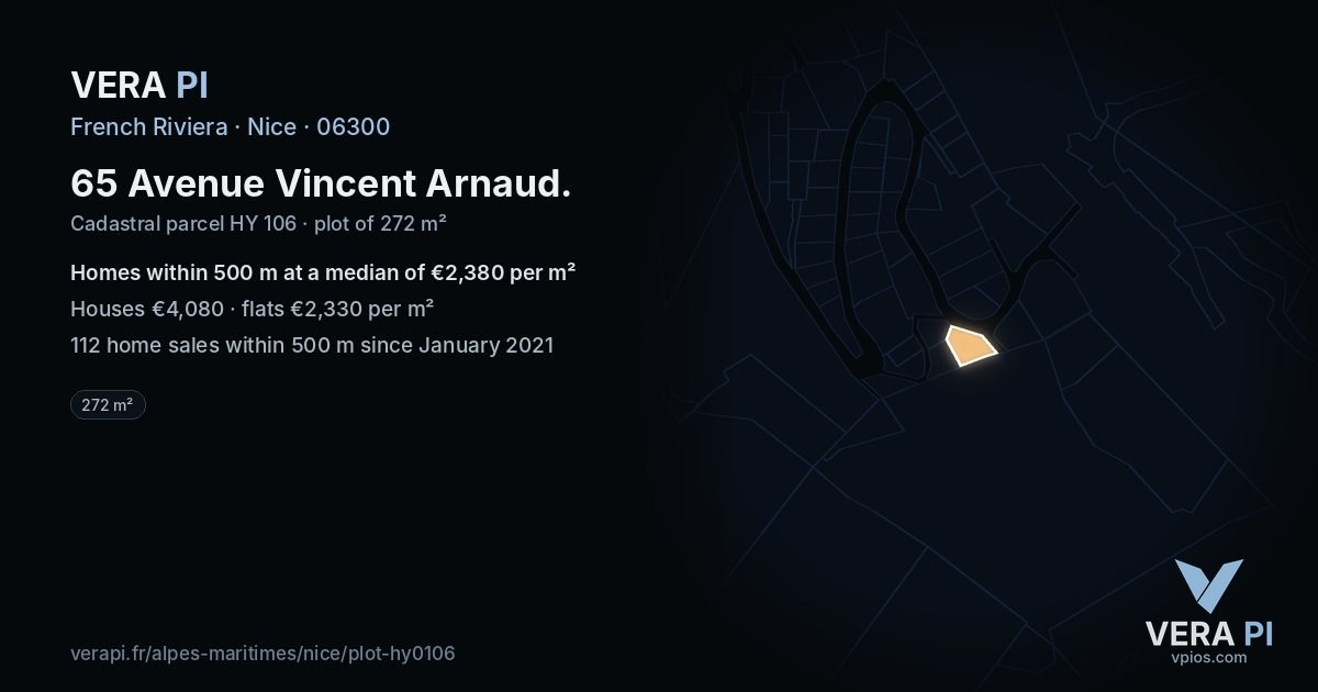 65 Avenue Vincent Arnaud, Nice at night – the plot lit, the parcels around coloured by the prices near them