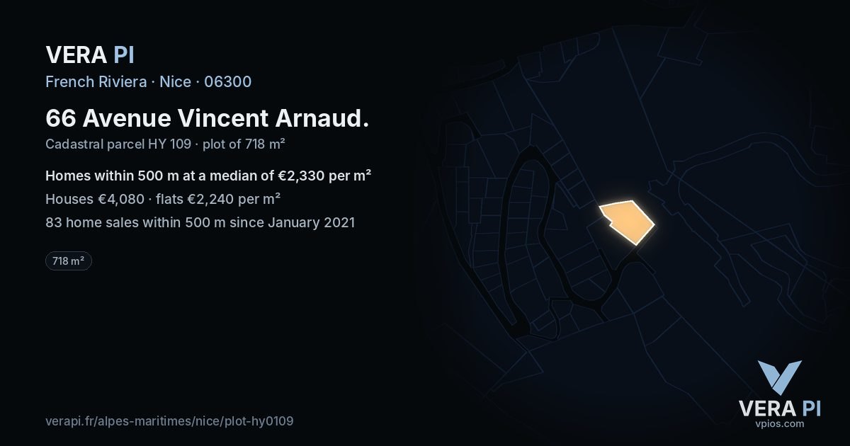 66 Avenue Vincent Arnaud, Nice at night – the plot lit, the parcels around coloured by the prices near them