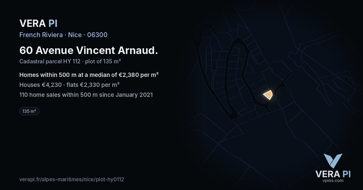 60 Avenue Vincent Arnaud, Nice at night – the plot lit, the parcels around coloured by the prices near them