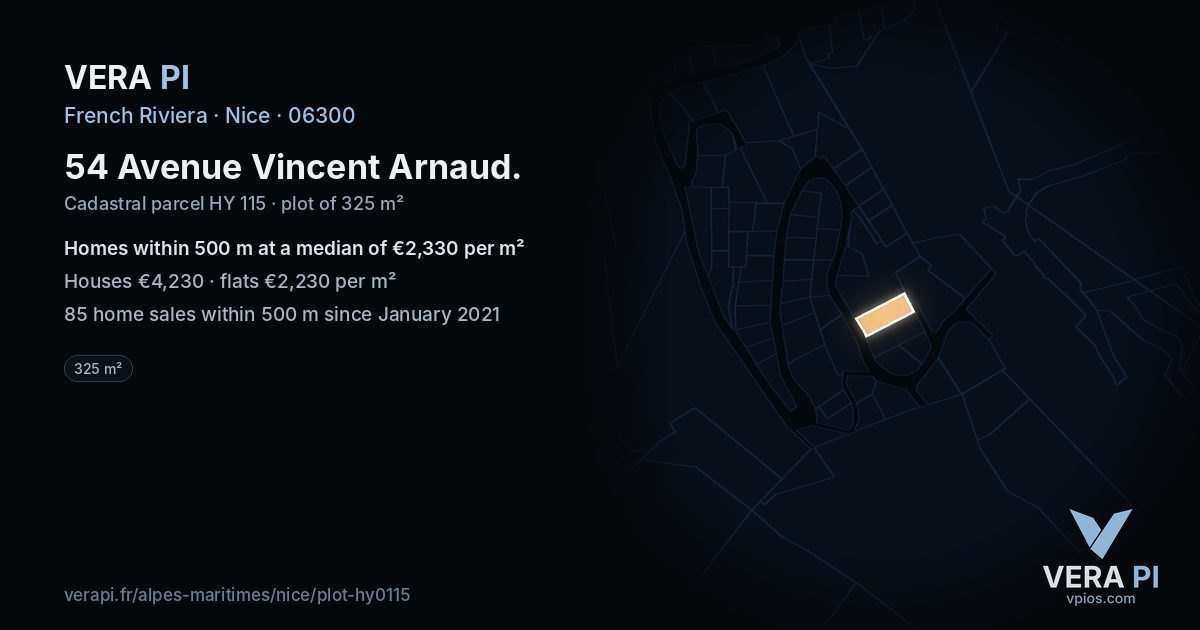 54 Avenue Vincent Arnaud, Nice at night – the plot lit, the parcels around coloured by the prices near them