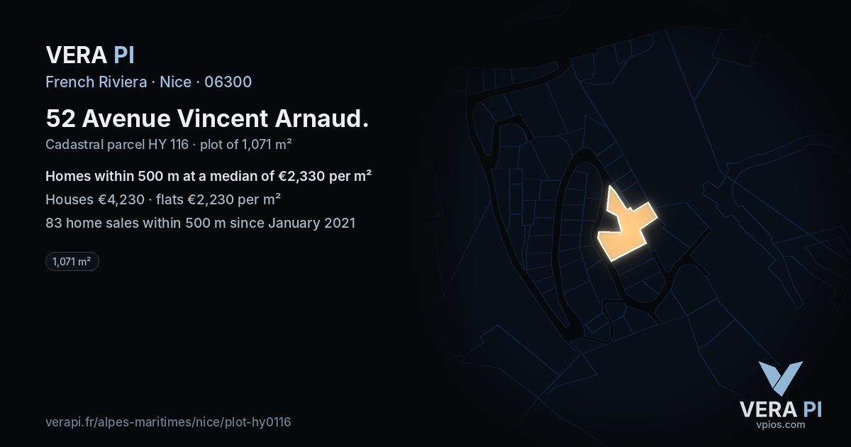52 Avenue Vincent Arnaud, Nice at night – the plot lit, the parcels around coloured by the prices near them