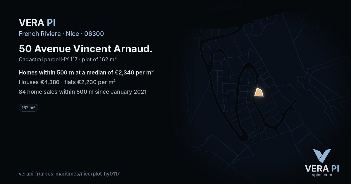 50 Avenue Vincent Arnaud, Nice at night – the plot lit, the parcels around coloured by the prices near them