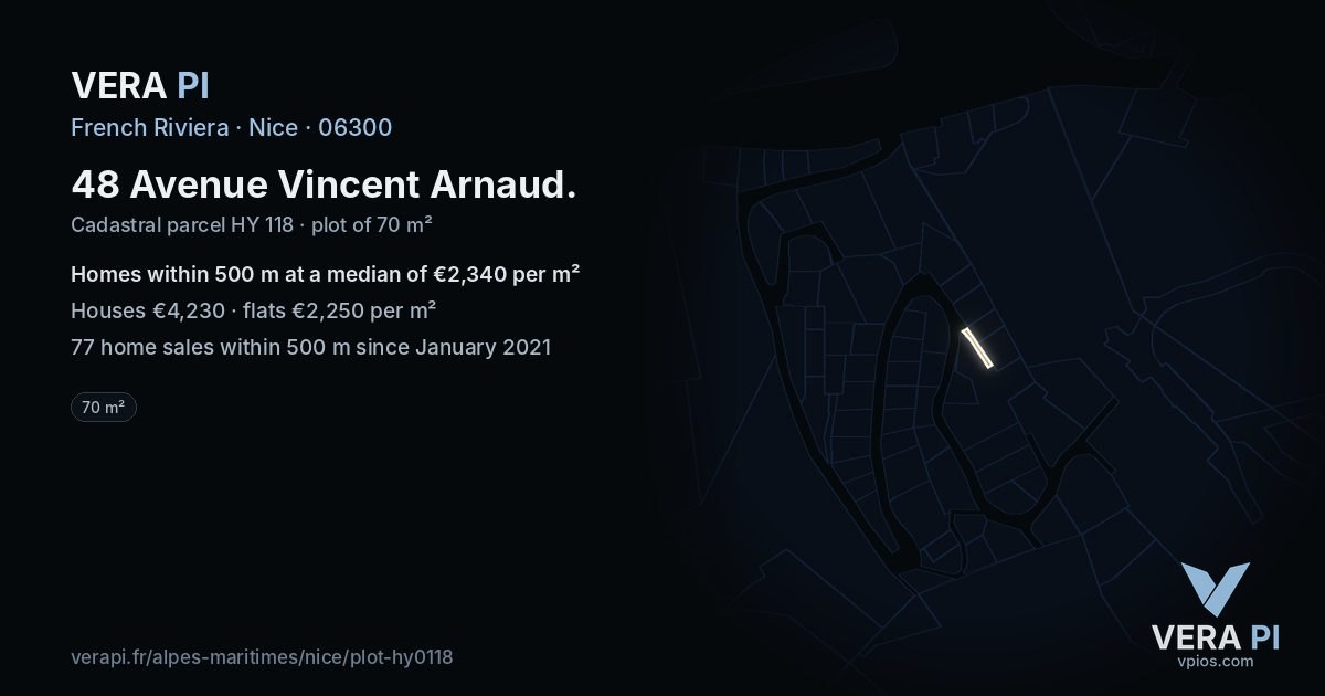 48 Avenue Vincent Arnaud, Nice at night – the plot lit, the parcels around coloured by the prices near them