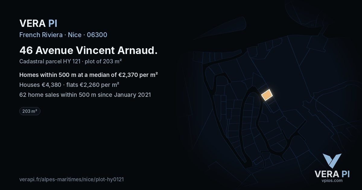 46 Avenue Vincent Arnaud, Nice at night – the plot lit, the parcels around coloured by the prices near them