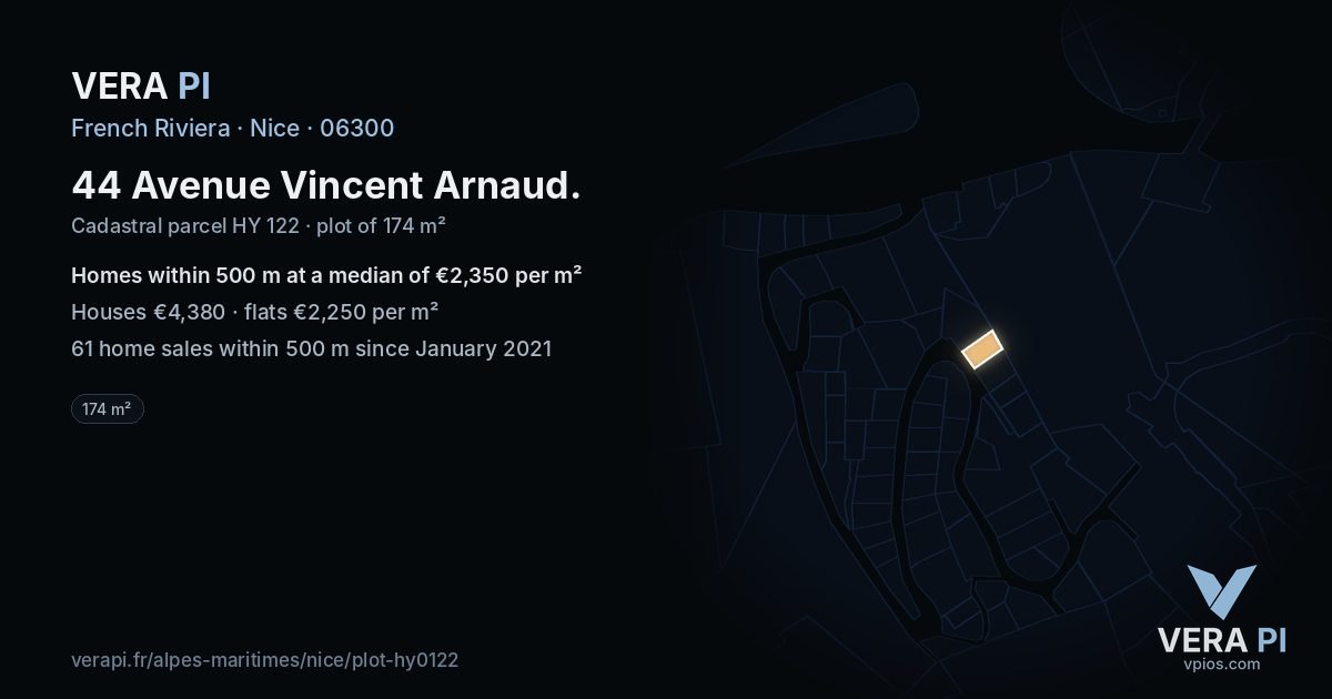 44 Avenue Vincent Arnaud, Nice at night – the plot lit, the parcels around coloured by the prices near them