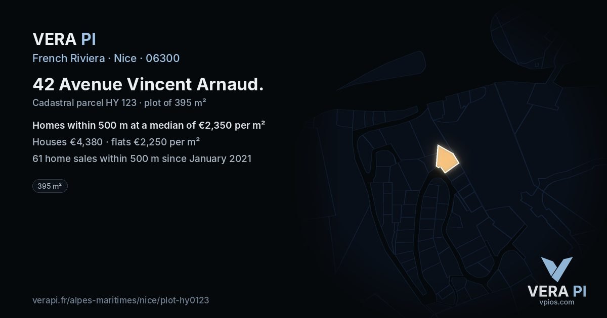 42 Avenue Vincent Arnaud, Nice at night – the plot lit, the parcels around coloured by the prices near them