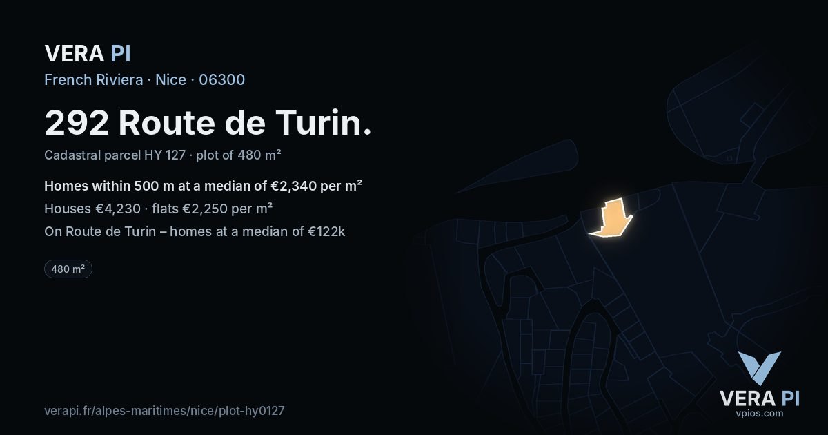292 Route de Turin, Nice at night – the plot lit, the parcels around coloured by the prices near them