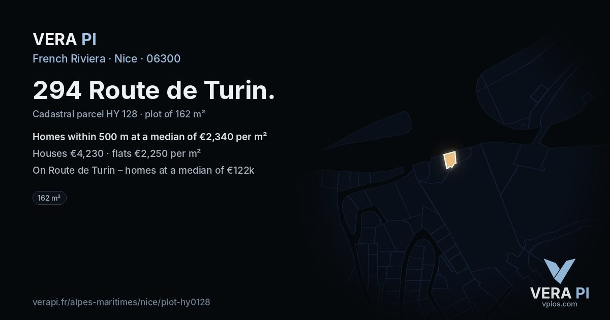 294 Route de Turin, Nice at night – the plot lit, the parcels around coloured by the prices near them