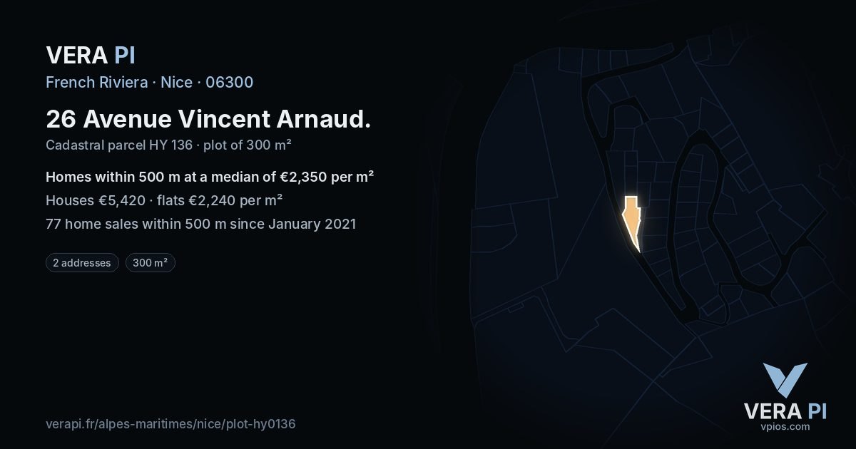 26 Avenue Vincent Arnaud, Nice at night – the plot lit, the parcels around coloured by the prices near them