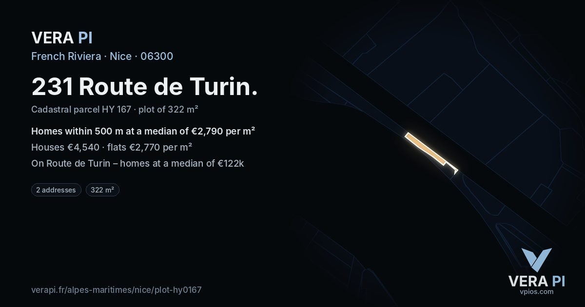 231 Route de Turin, Nice at night – the plot lit, the parcels around coloured by the prices near them