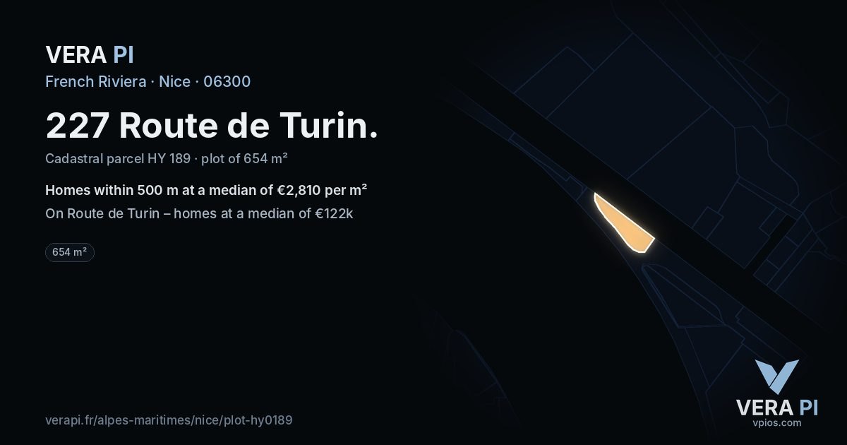 227 Route de Turin, Nice at night – the plot lit, the parcels around coloured by the prices near them