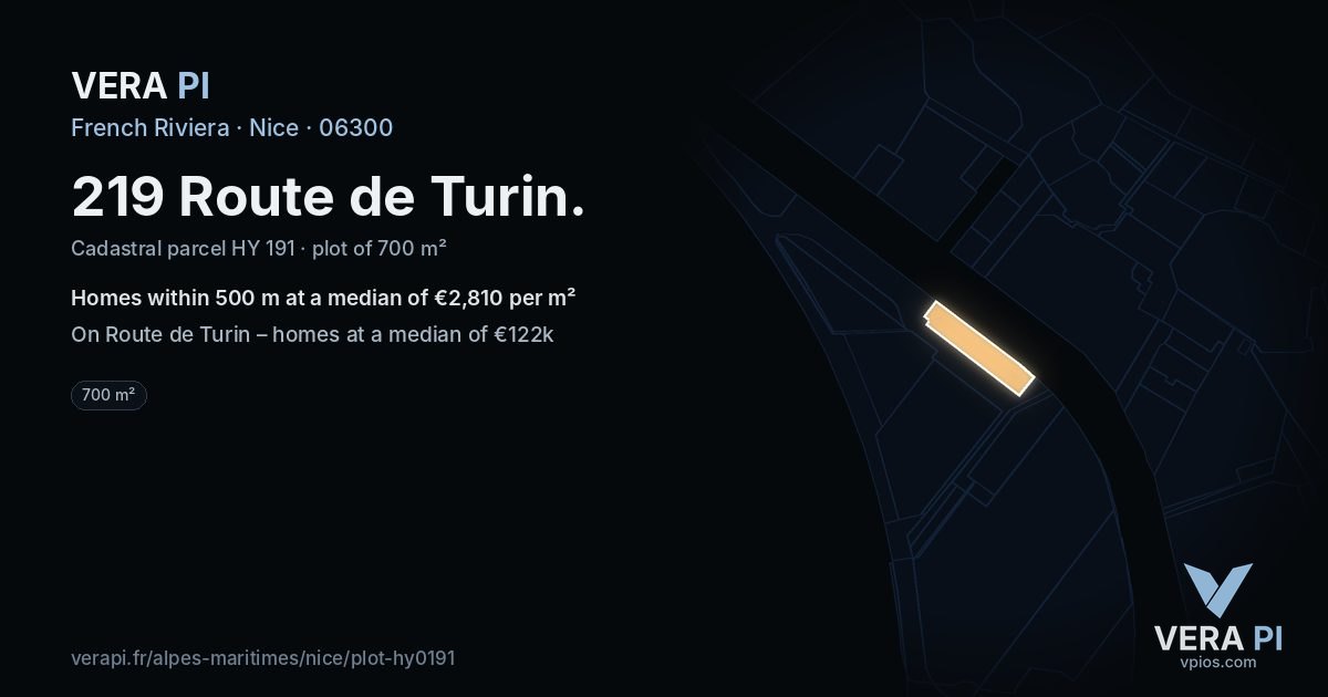 219 Route de Turin, Nice at night – the plot lit, the parcels around coloured by the prices near them