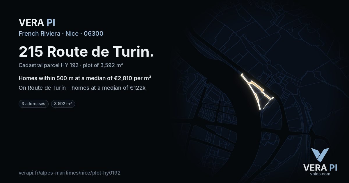 215 Route de Turin, Nice at night – the plot lit, the parcels around coloured by the prices near them