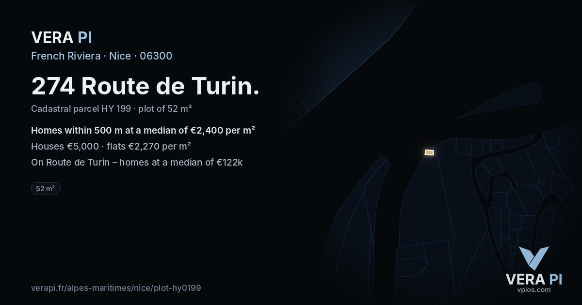 274 Route de Turin, Nice at night – the plot lit, the parcels around coloured by the prices near them