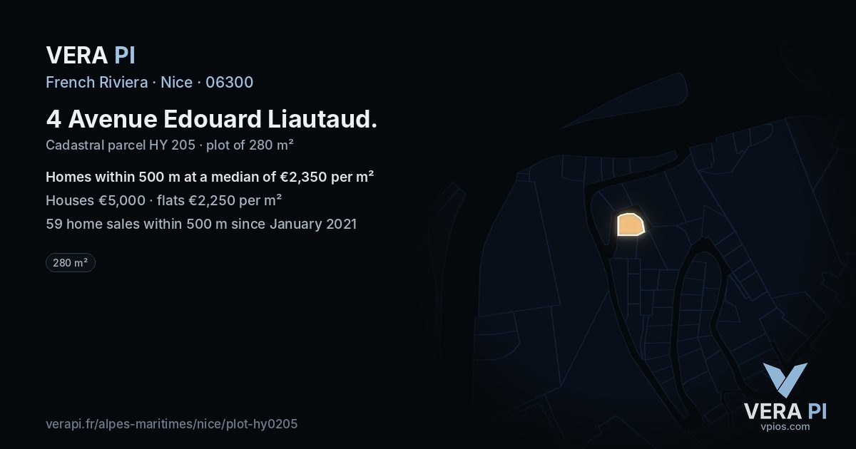 4 Avenue Edouard Liautaud, Nice at night – the plot lit, the parcels around coloured by the prices near them