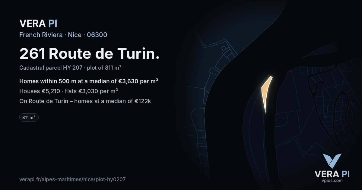 261 Route de Turin, Nice at night – the plot lit, the parcels around coloured by the prices near them