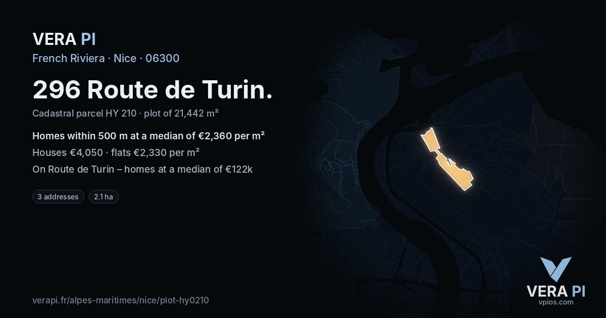 296 Route de Turin, Nice at night – the plot lit, the parcels around coloured by the prices near them
