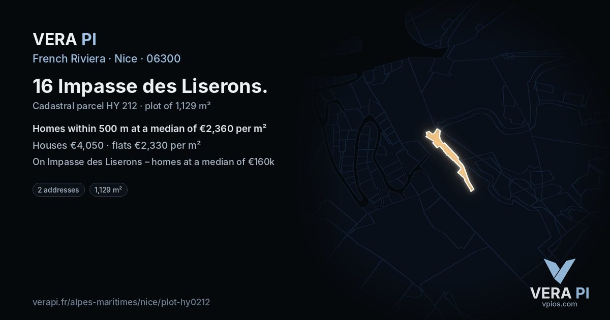16 Impasse des Liserons, Nice at night – the plot lit, the parcels around coloured by the prices near them