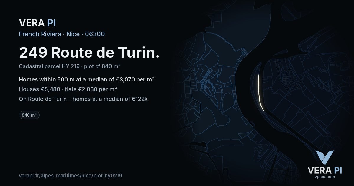 249 Route de Turin, Nice at night – the plot lit, the parcels around coloured by the prices near them