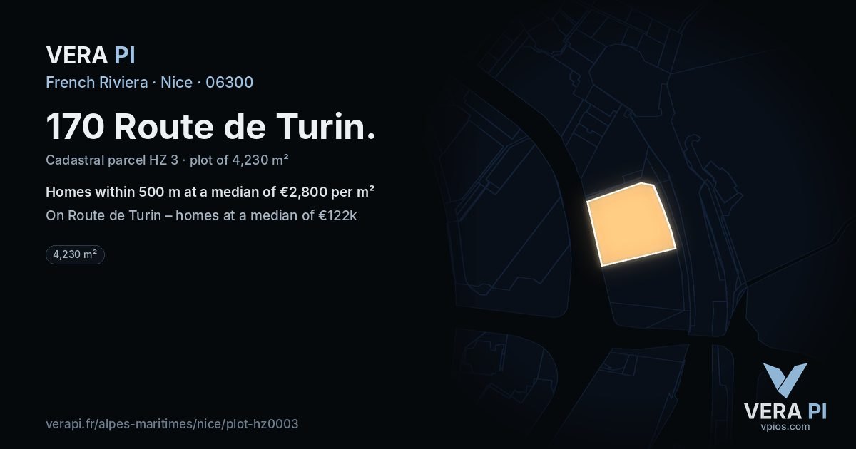 170 Route de Turin, Nice at night – the plot lit, the parcels around coloured by the prices near them