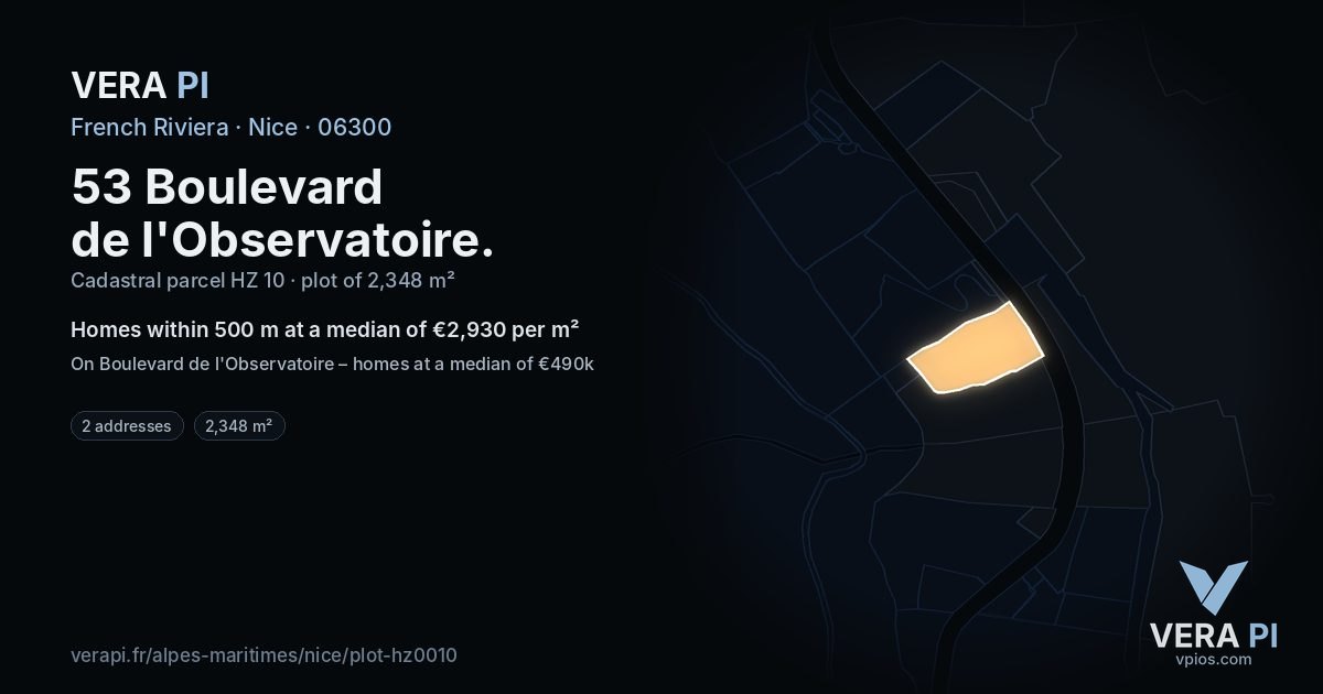 53 Boulevard de l'Observatoire, Nice at night – the plot lit, the parcels around coloured by the prices near them