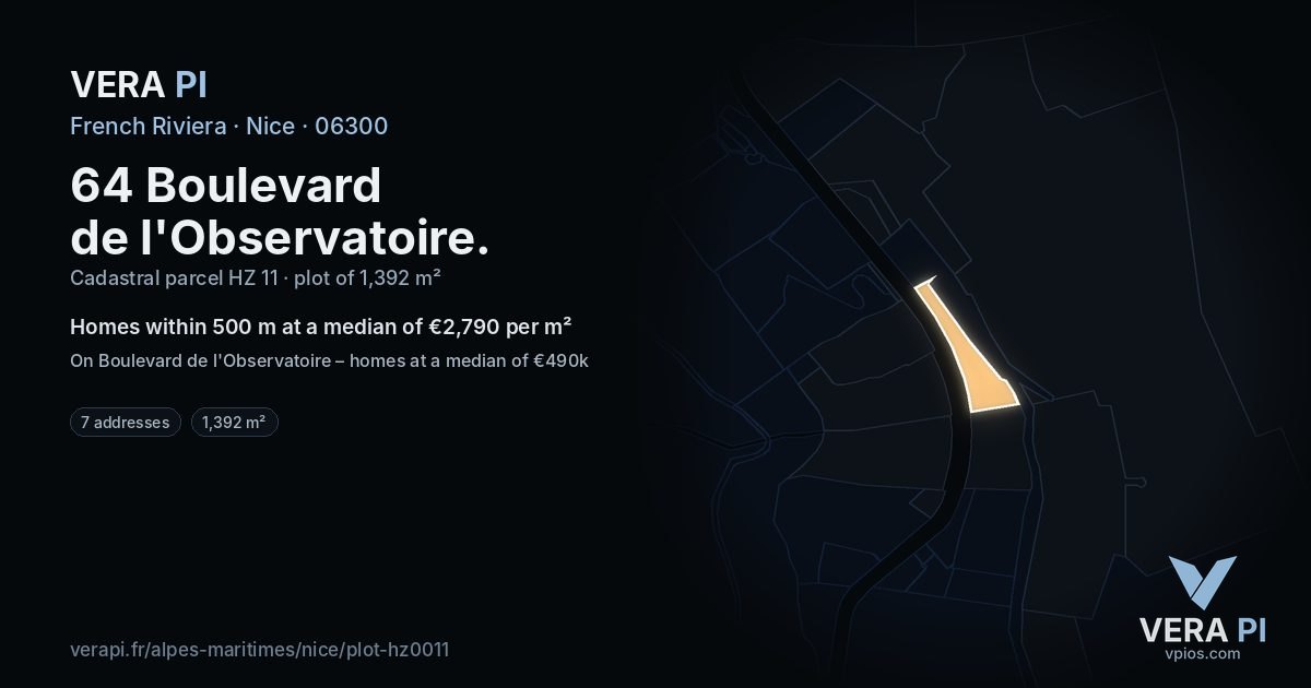 64 Boulevard de l'Observatoire, Nice at night – the plot lit, the parcels around coloured by the prices near them