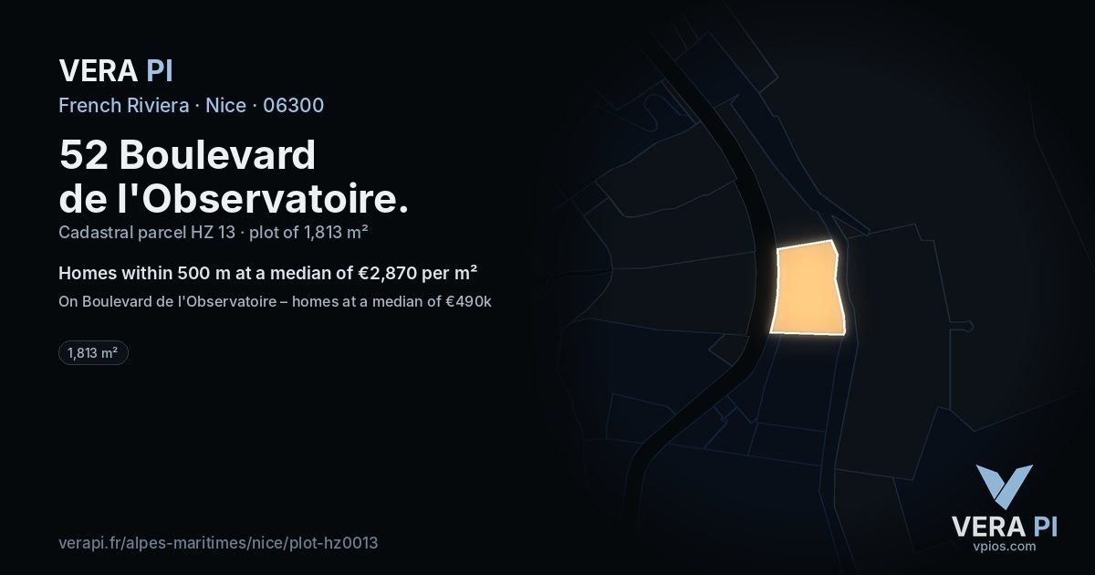 52 Boulevard de l'Observatoire, Nice at night – the plot lit, the parcels around coloured by the prices near them