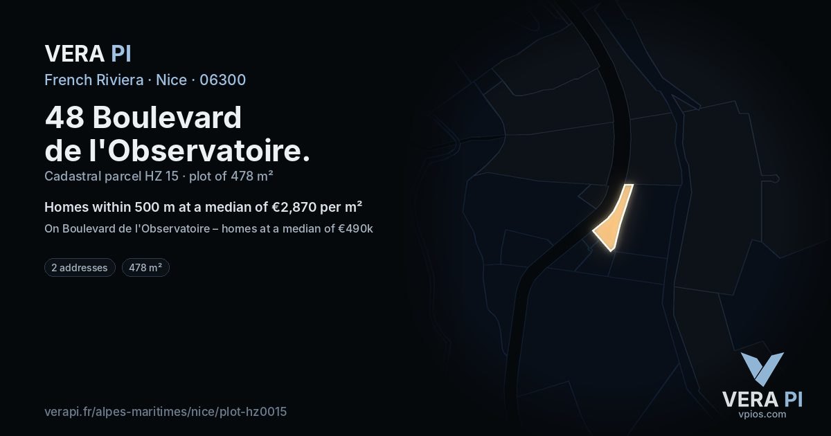 48 Boulevard de l'Observatoire, Nice at night – the plot lit, the parcels around coloured by the prices near them