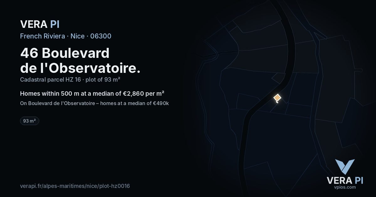 46 Boulevard de l'Observatoire, Nice at night – the plot lit, the parcels around coloured by the prices near them