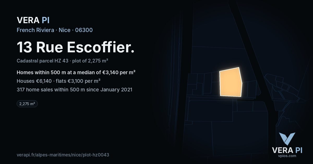 13 Rue Escoffier, Nice at night – the plot lit, the parcels around coloured by the prices near them