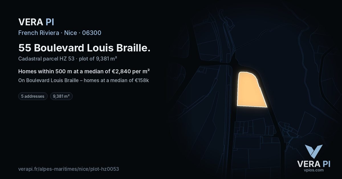 55 Boulevard Louis Braille, Nice at night – the plot lit, the parcels around coloured by the prices near them