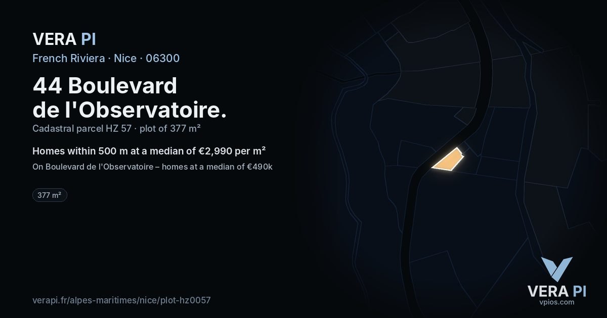 44 Boulevard de l'Observatoire, Nice at night – the plot lit, the parcels around coloured by the prices near them