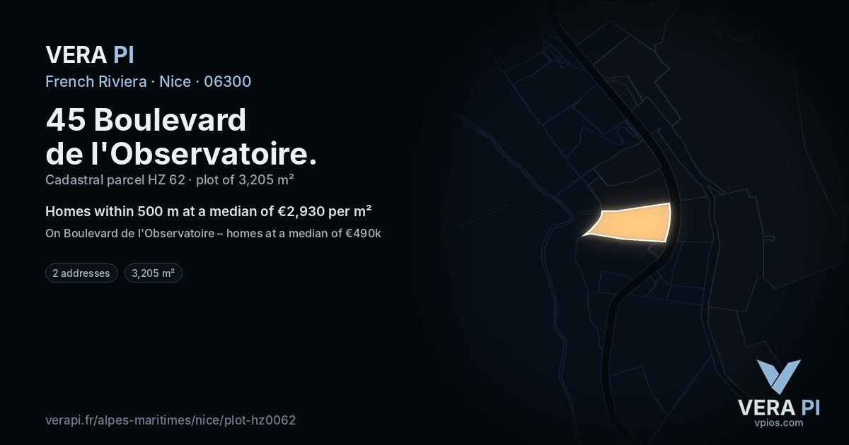 45 Boulevard de l'Observatoire, Nice at night – the plot lit, the parcels around coloured by the prices near them
