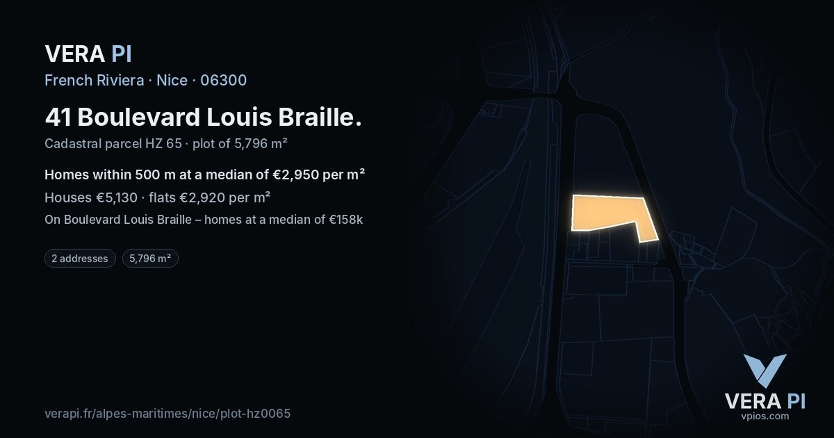 41 Boulevard Louis Braille, Nice at night – the plot lit, the parcels around coloured by the prices near them