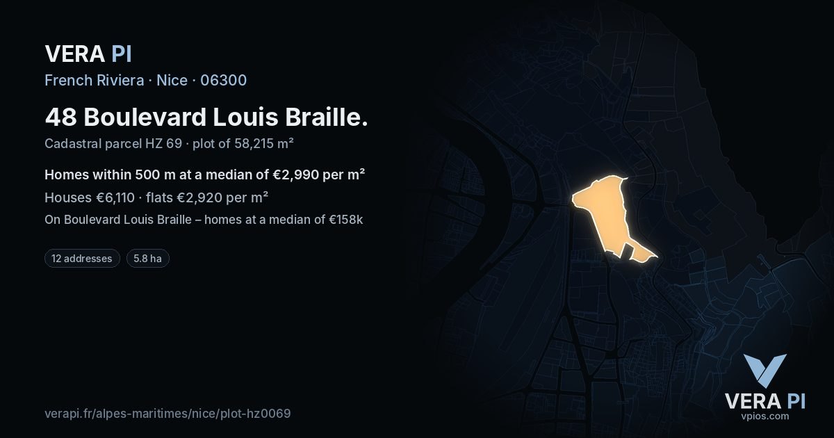 48 Boulevard Louis Braille, Nice at night – the plot lit, the parcels around coloured by the prices near them