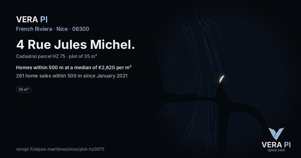 4 Rue Jules Michel, Nice at night – the plot lit, the parcels around coloured by the prices near them