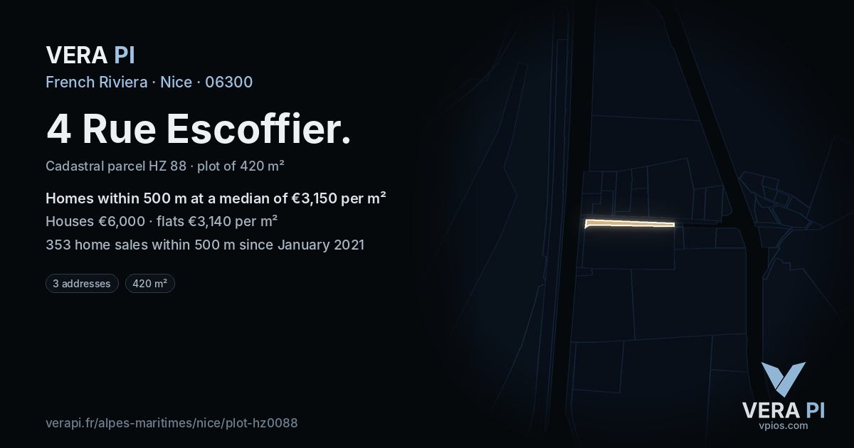4 Rue Escoffier, Nice at night – the plot lit, the parcels around coloured by the prices near them