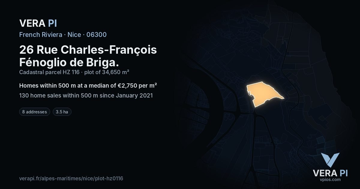 26 Rue Charles-François Fénoglio de Briga, Nice at night – the plot lit, the parcels around coloured by the prices near them