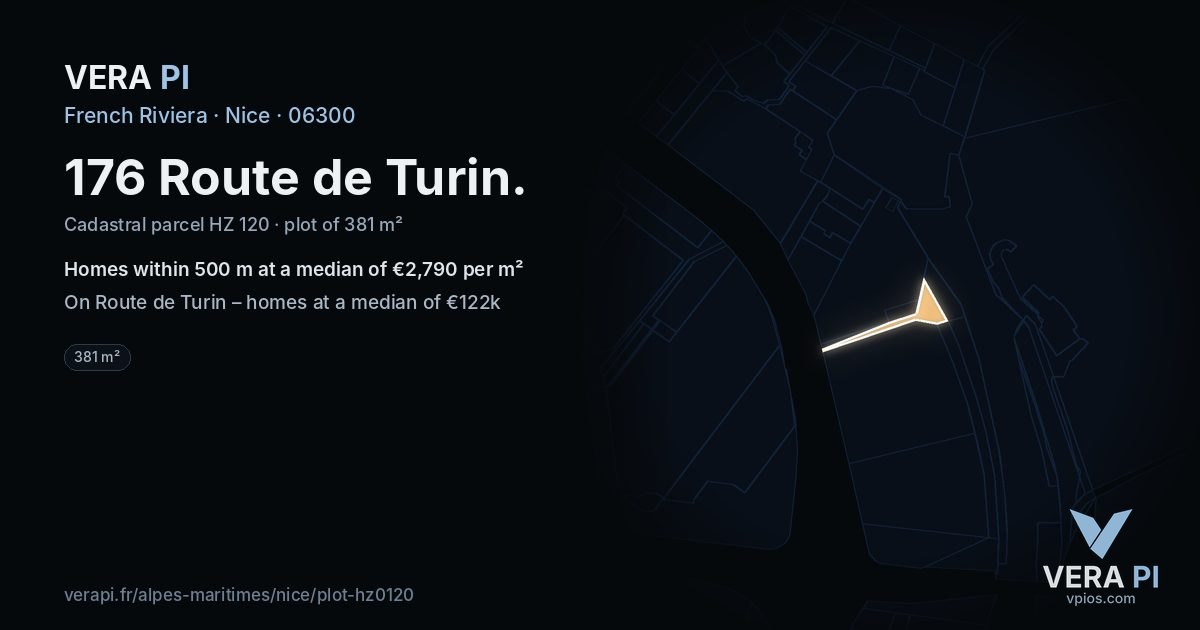 176 Route de Turin, Nice at night – the plot lit, the parcels around coloured by the prices near them