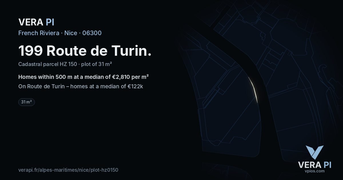199 Route de Turin, Nice at night – the plot lit, the parcels around coloured by the prices near them
