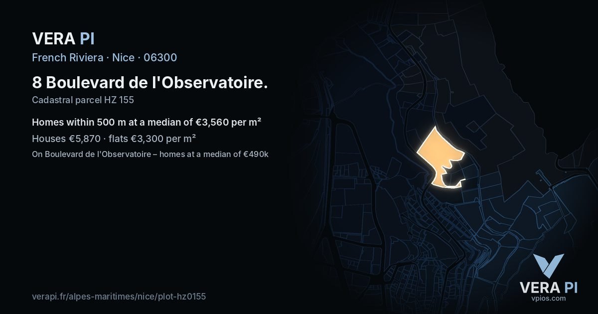 8 Boulevard de l'Observatoire, Nice at night – the plot lit, the parcels around coloured by the prices near them