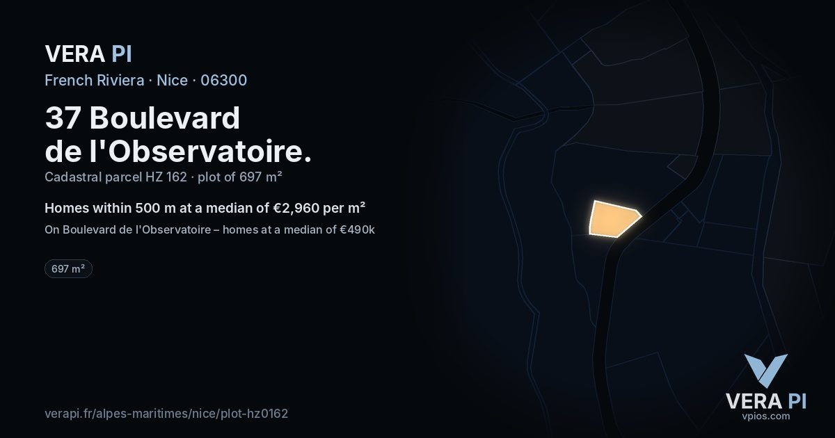 37 Boulevard de l'Observatoire, Nice at night – the plot lit, the parcels around coloured by the prices near them
