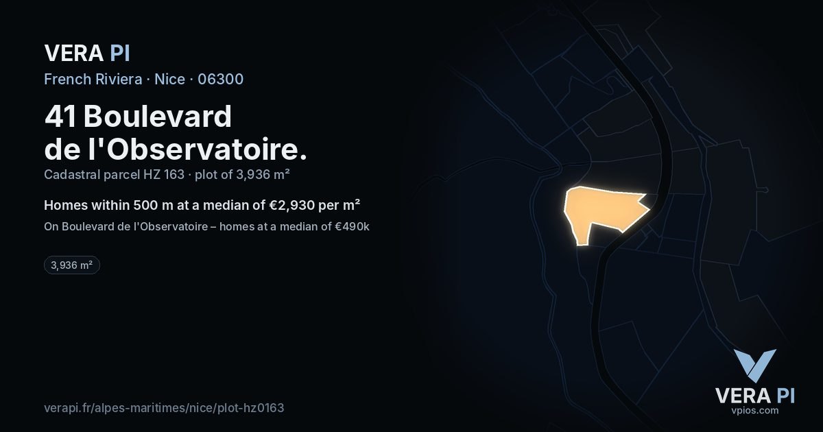 41 Boulevard de l'Observatoire, Nice at night – the plot lit, the parcels around coloured by the prices near them