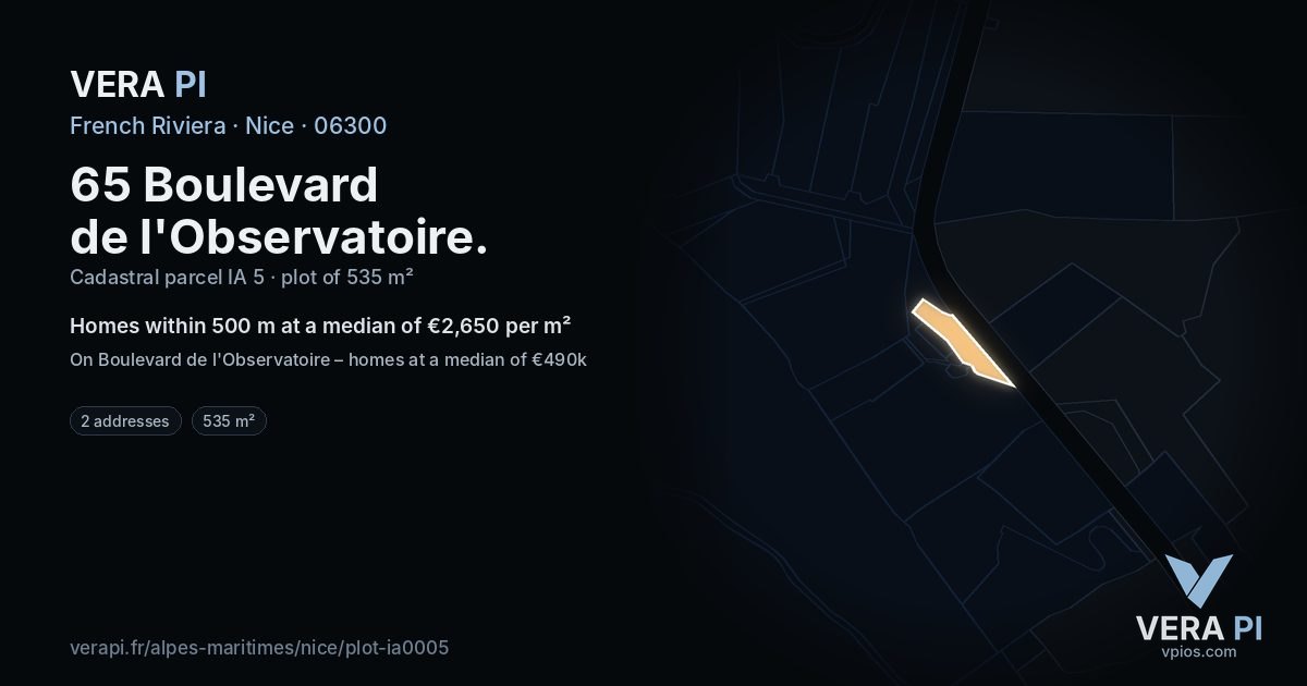 65 Boulevard de l'Observatoire, Nice at night – the plot lit, the parcels around coloured by the prices near them