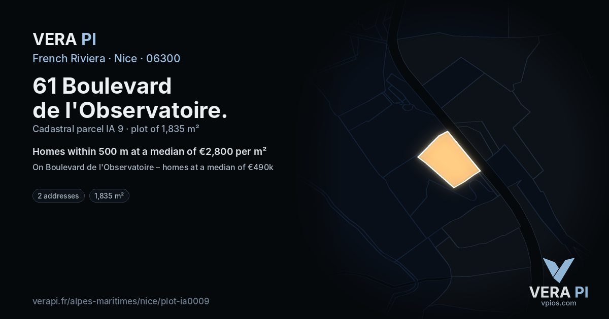 61 Boulevard de l'Observatoire, Nice at night – the plot lit, the parcels around coloured by the prices near them