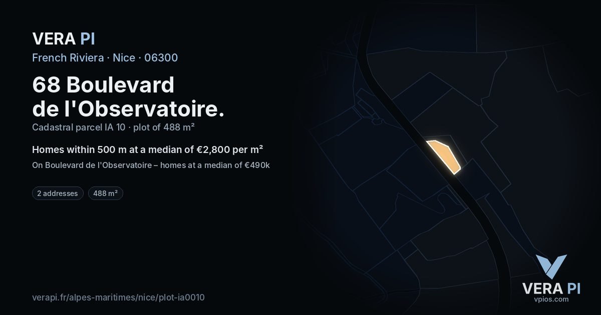 68 Boulevard de l'Observatoire, Nice at night – the plot lit, the parcels around coloured by the prices near them