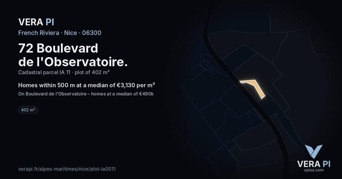 72 Boulevard de l'Observatoire, Nice at night – the plot lit, the parcels around coloured by the prices near them