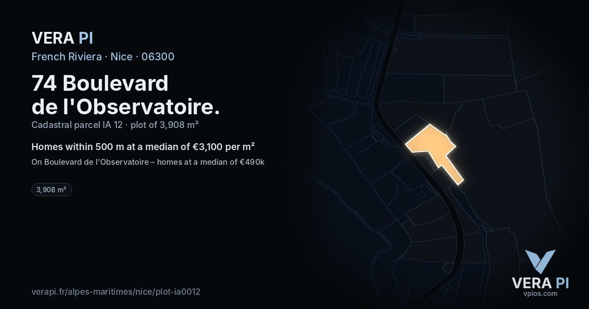74 Boulevard de l'Observatoire, Nice at night – the plot lit, the parcels around coloured by the prices near them