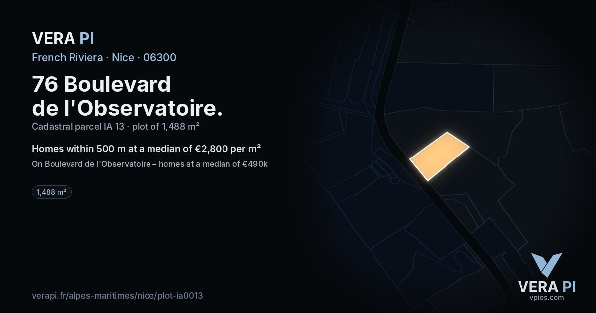 76 Boulevard de l'Observatoire, Nice at night – the plot lit, the parcels around coloured by the prices near them