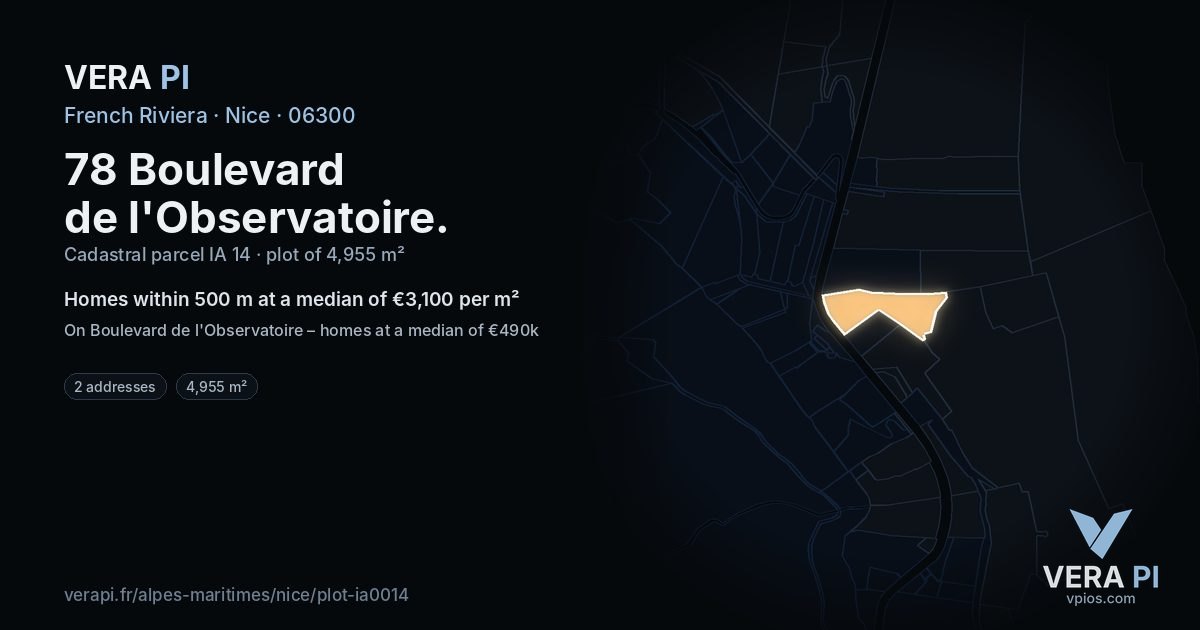 78 Boulevard de l'Observatoire, Nice at night – the plot lit, the parcels around coloured by the prices near them